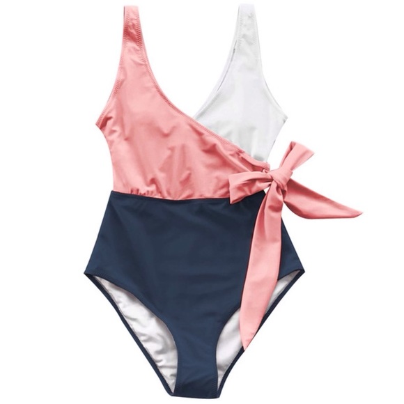 Cupshe Women's Pink & Blue Block One Piece Swimsuit Plunging Knotted Monokini - Picture 5 of 6